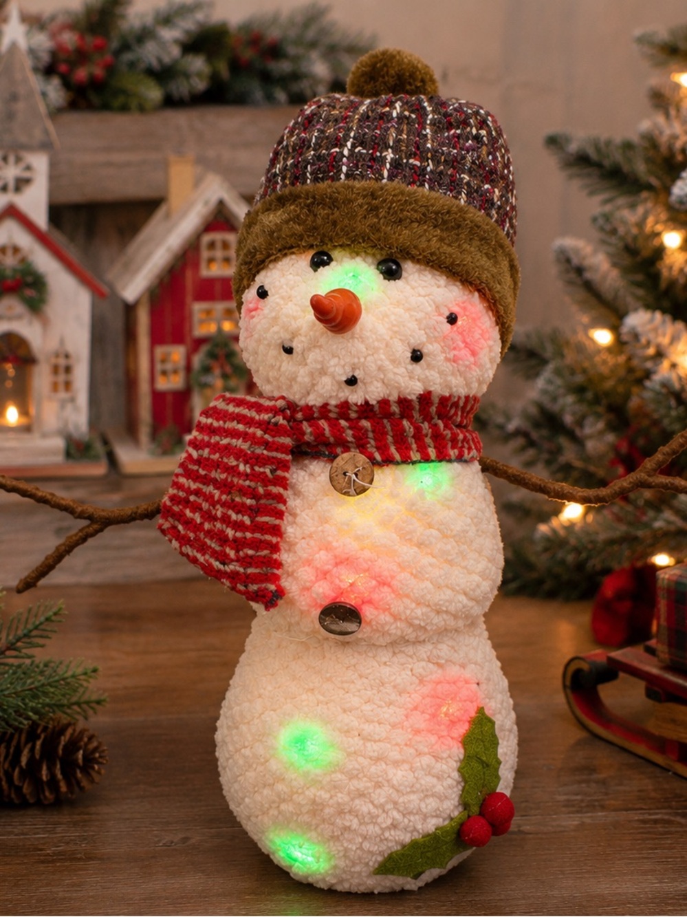 Evergreen Plush Lighted Snowman Christmas Decor 16”